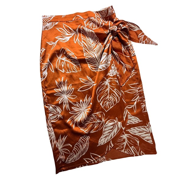 Forever 21 Dresses & Skirts - Forever 21 Rust Orange Small Skirt Tropical Leaf Print Faux Wrap Midi Side Tie
